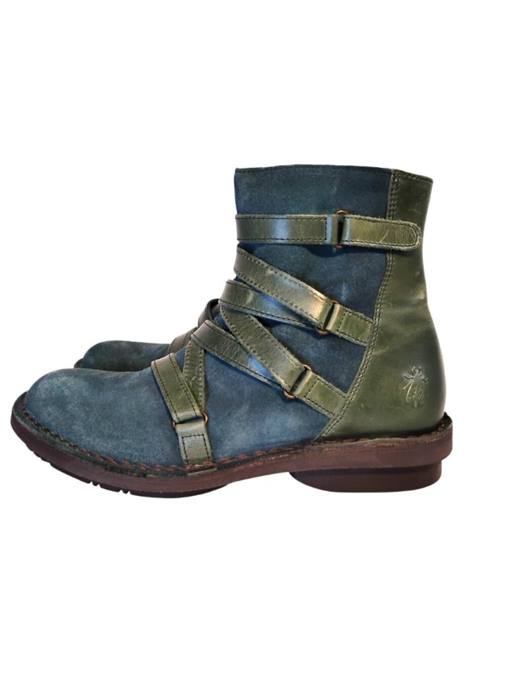 FLY LONDON Womens 7.5/ 38 Blue Suede & Leather Ankle Boots Side Zip - Picture 5 of 11